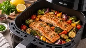 Poisson et légumes cuits au air fryer