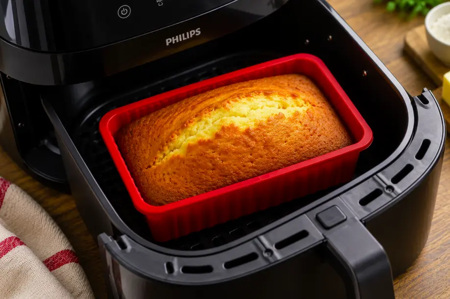 Tiroir du air fryer contenant un cake cuit dans un moule