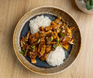 Assiette de poulet à la mongole servi avec du riz